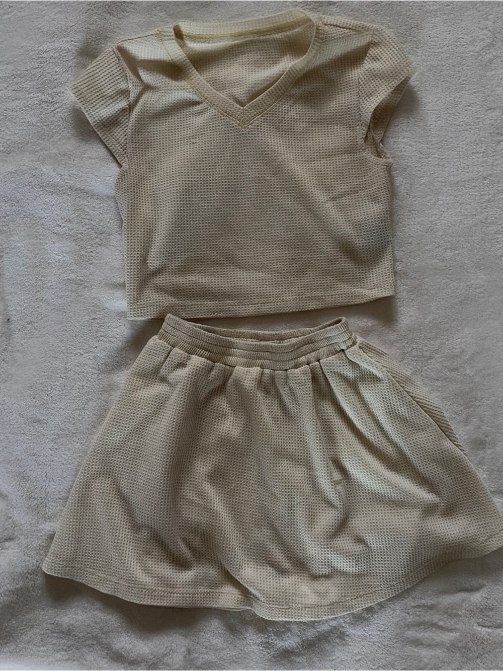 Cider Beige Two-Piece Waffle Knit Top and Skirt Set